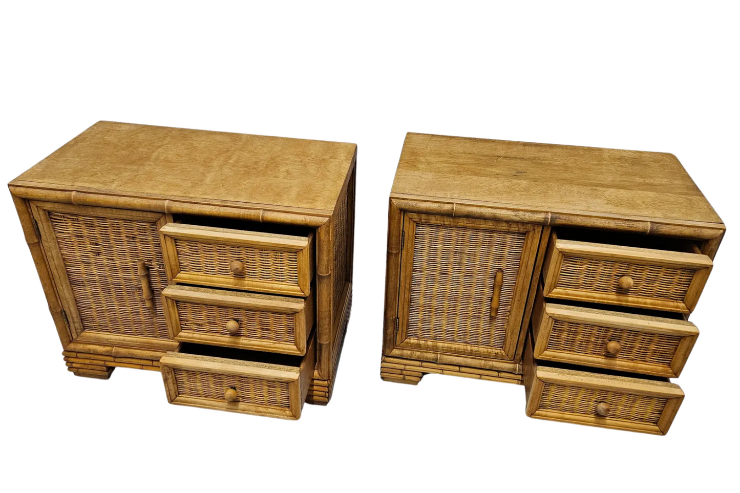 1970s American of Martinsville Rattan Night Stands - Pair