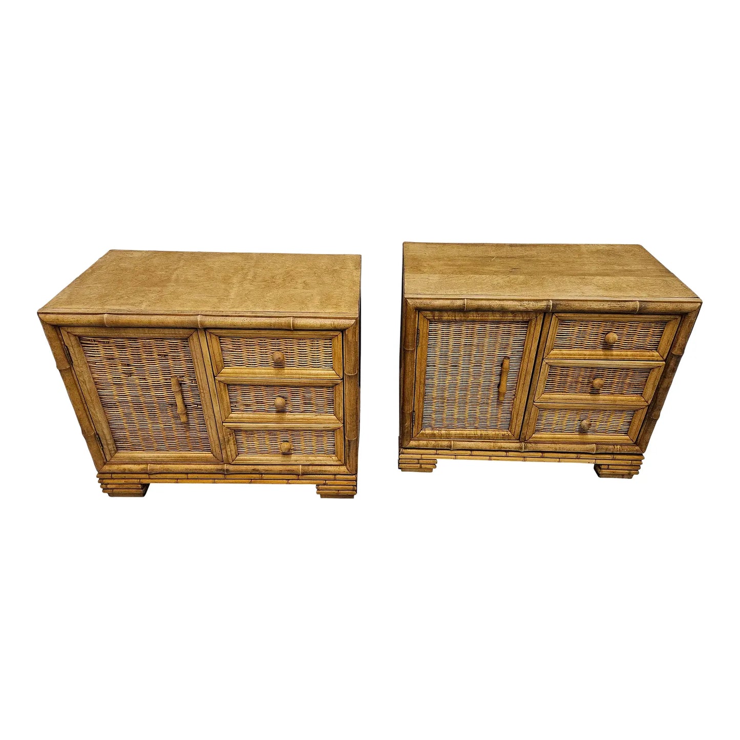 1970s American of Martinsville Rattan Night Stands - Pair