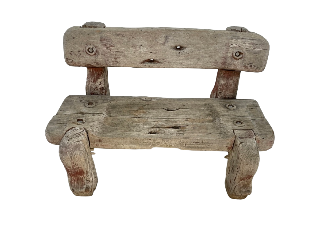 Vintage Solid Teak Driftwood Outdoor Bench – Rustic 1940s Style