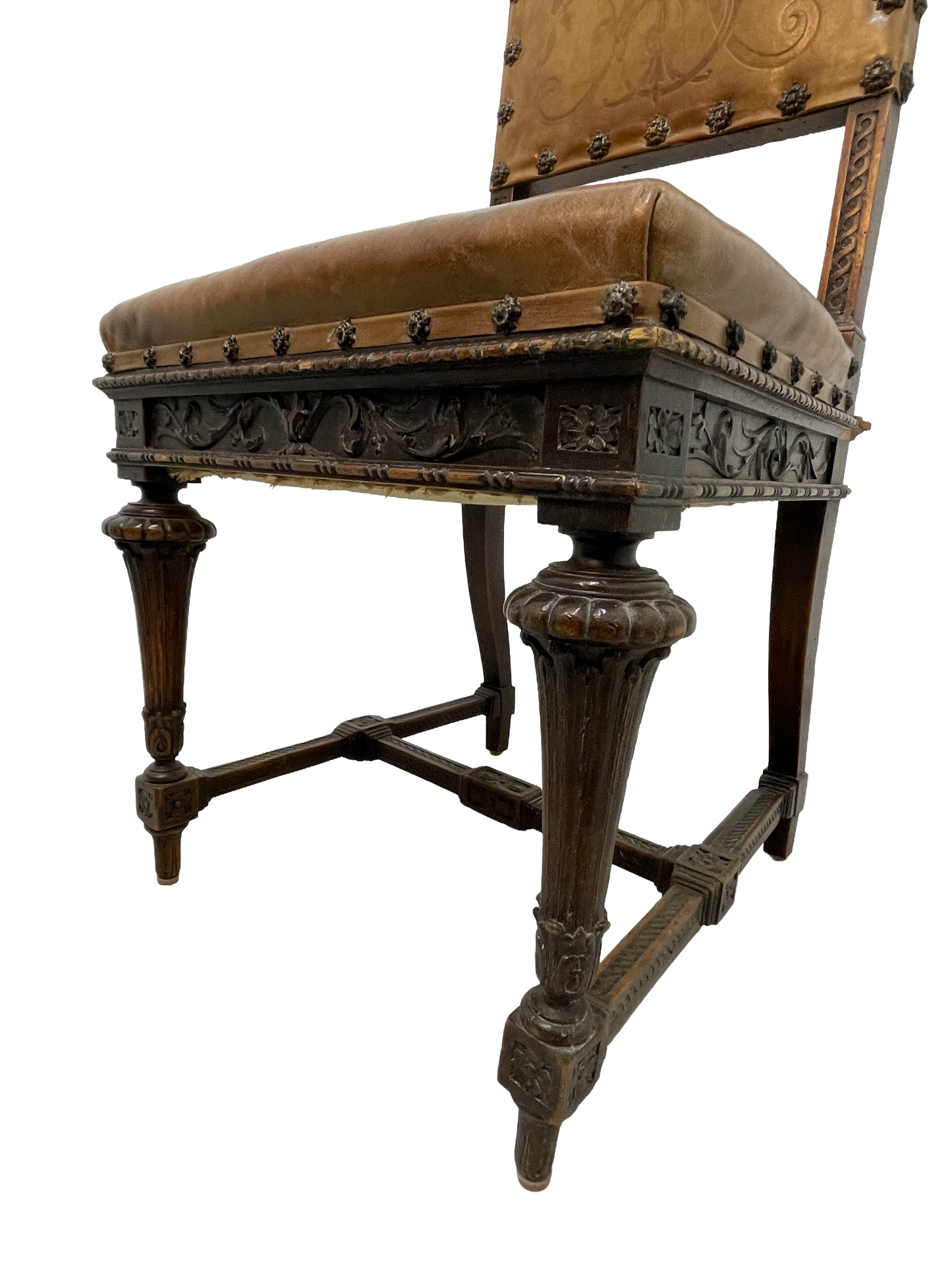 Set of 8 Italian Walnut Dining Chairs with Embossed Leather, Late 19th Century