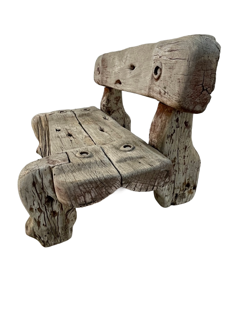 Vintage Solid Teak Driftwood Outdoor Bench – Rustic 1940s Style