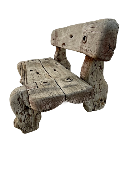 Vintage Solid Teak Driftwood Outdoor Bench – Rustic 1940s Style