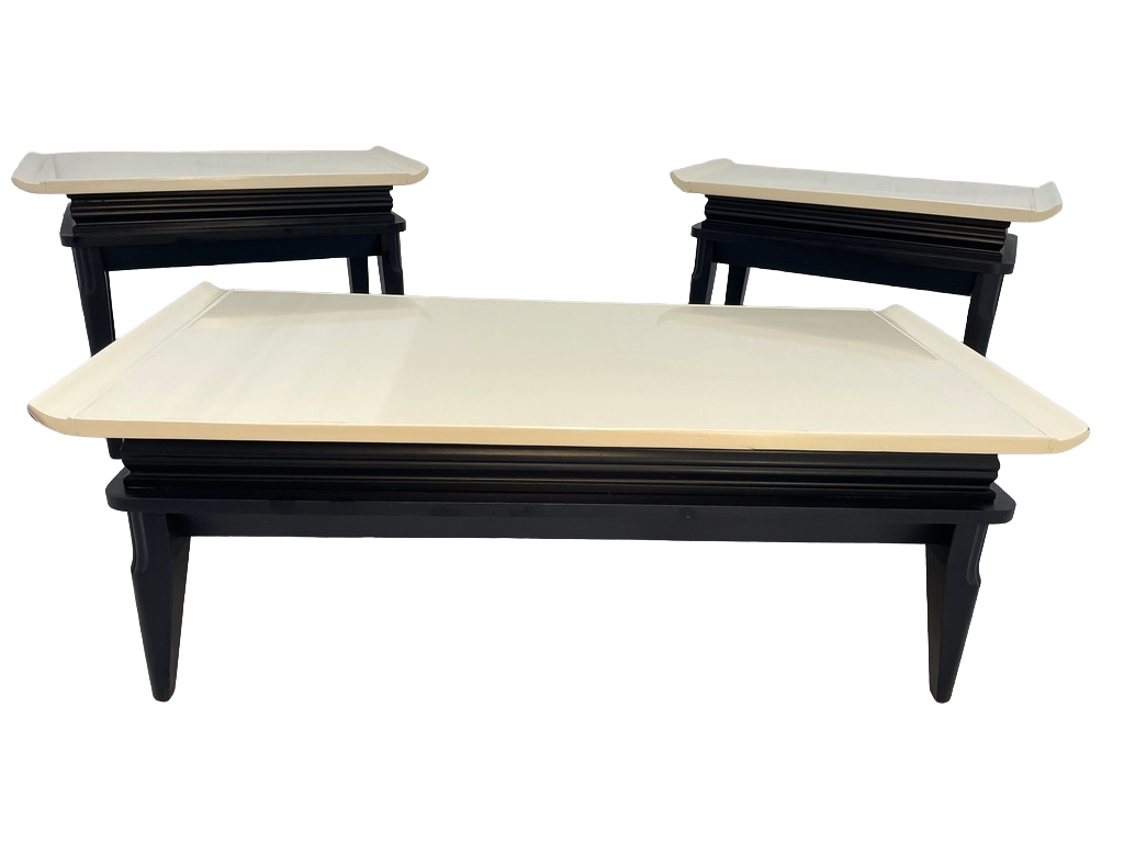 1970s Retro Asian-Style Coffee Table & End Tables Set – Black & Cream Lacquer
