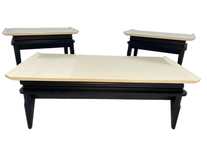 1970s Retro Asian-Style Coffee Table & End Tables Set – Black & Cream Lacquer