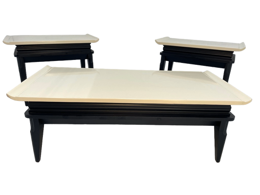 1970s Retro Asian-Style Coffee Table & End Tables Set – Black & Cream Lacquer