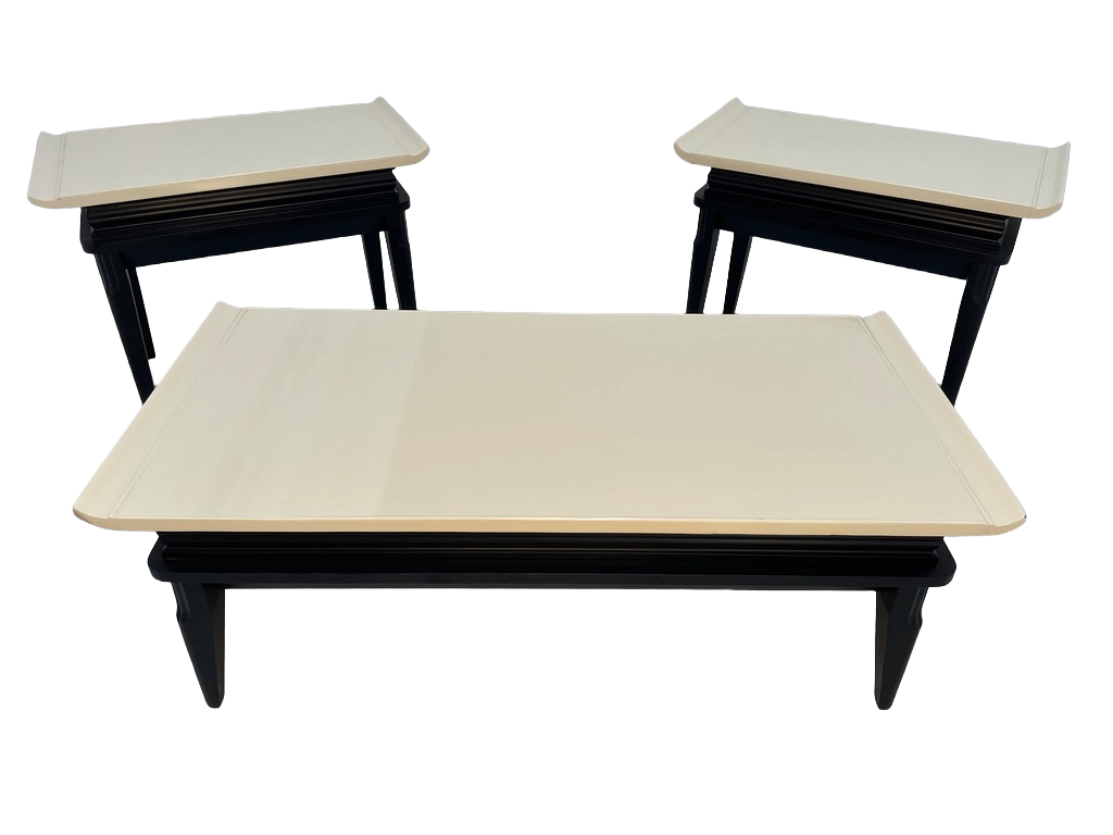 1970s Retro Asian-Style Coffee Table & End Tables Set – Black & Cream Lacquer