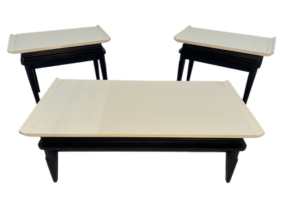 1970s Retro Asian-Style Coffee Table & End Tables Set – Black & Cream Lacquer