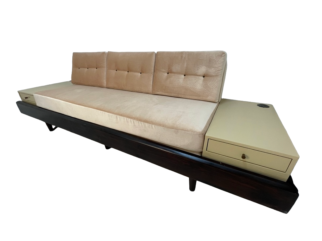 Custom Mid-Century Style Sofa Bed with Built-In End Tables & Outlets – 1990s