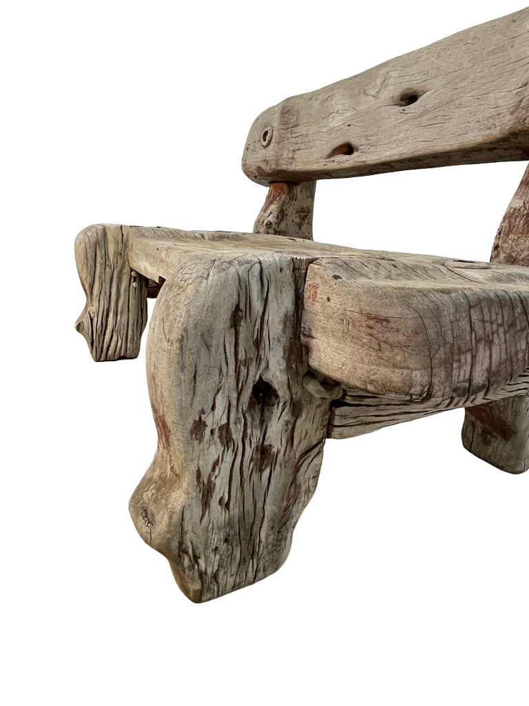 Vintage Solid Teak Driftwood Outdoor Bench – Rustic 1940s Style
