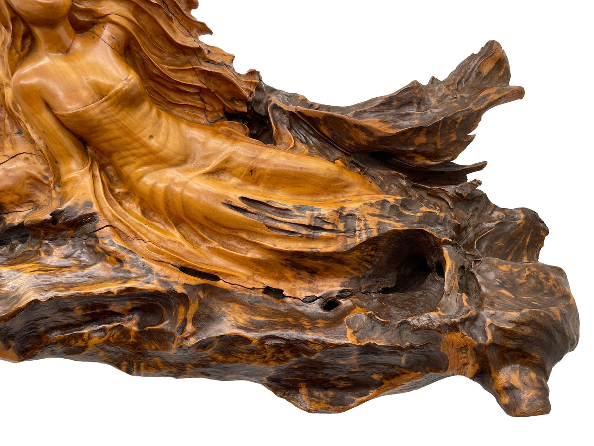 Organic mahogany sculpture base with dark grain, cavities, and carved contours