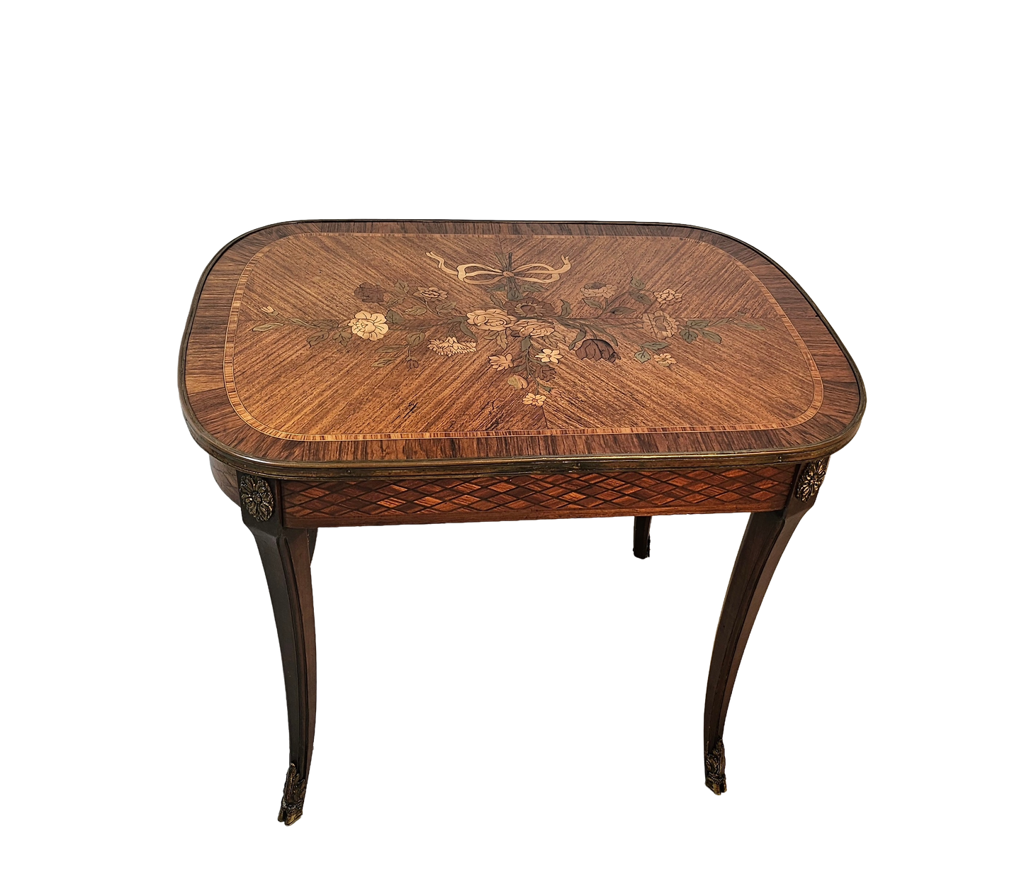 French Louis XV Style Marquetry Side Table With Bronze Accents, Circa 1900
