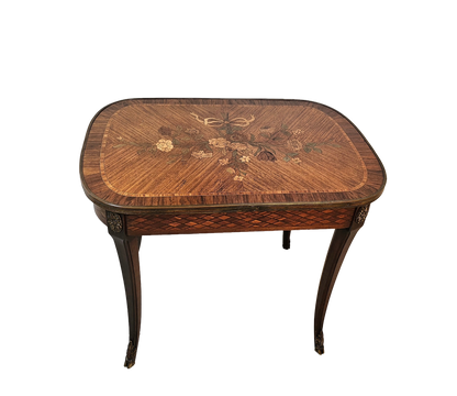 French Louis XV Style Marquetry Side Table With Bronze Accents, Circa 1900