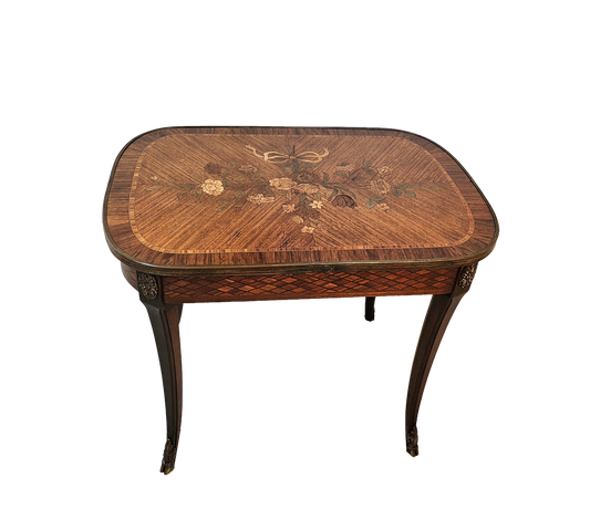 French Louis XV Style Marquetry Side Table With Bronze Accents, Circa 1900