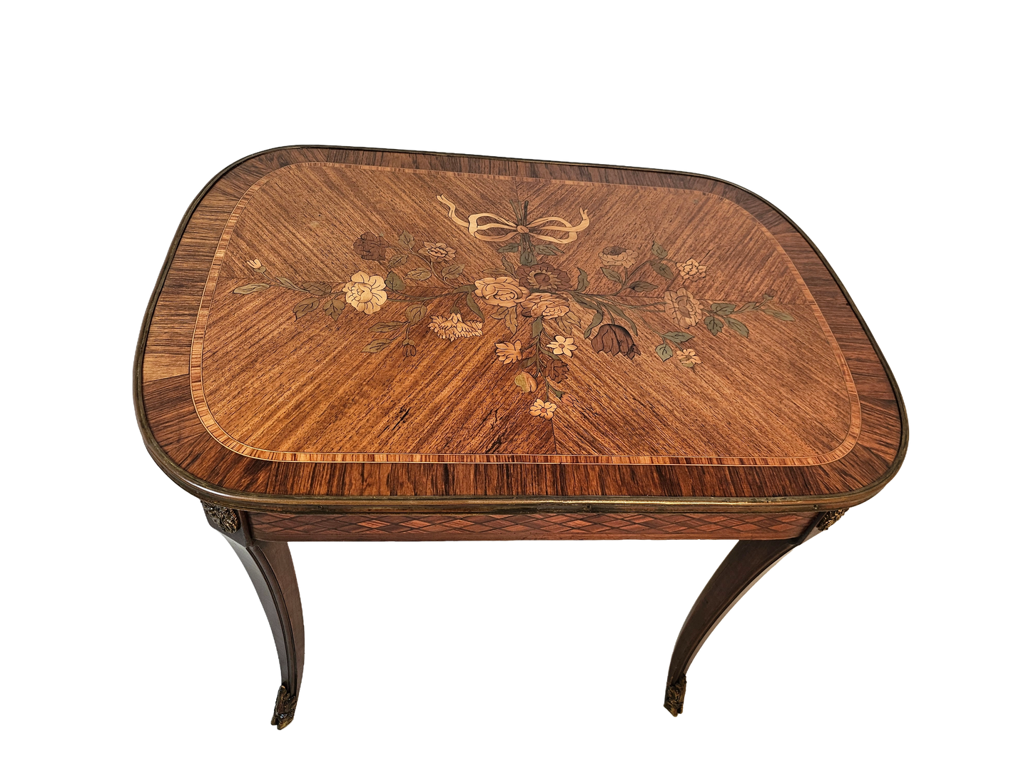 French Louis XV Style Marquetry Side Table With Bronze Accents, Circa 1900
