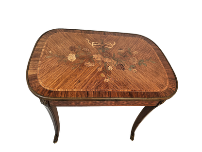 French Louis XV Style Marquetry Side Table With Bronze Accents, Circa 1900