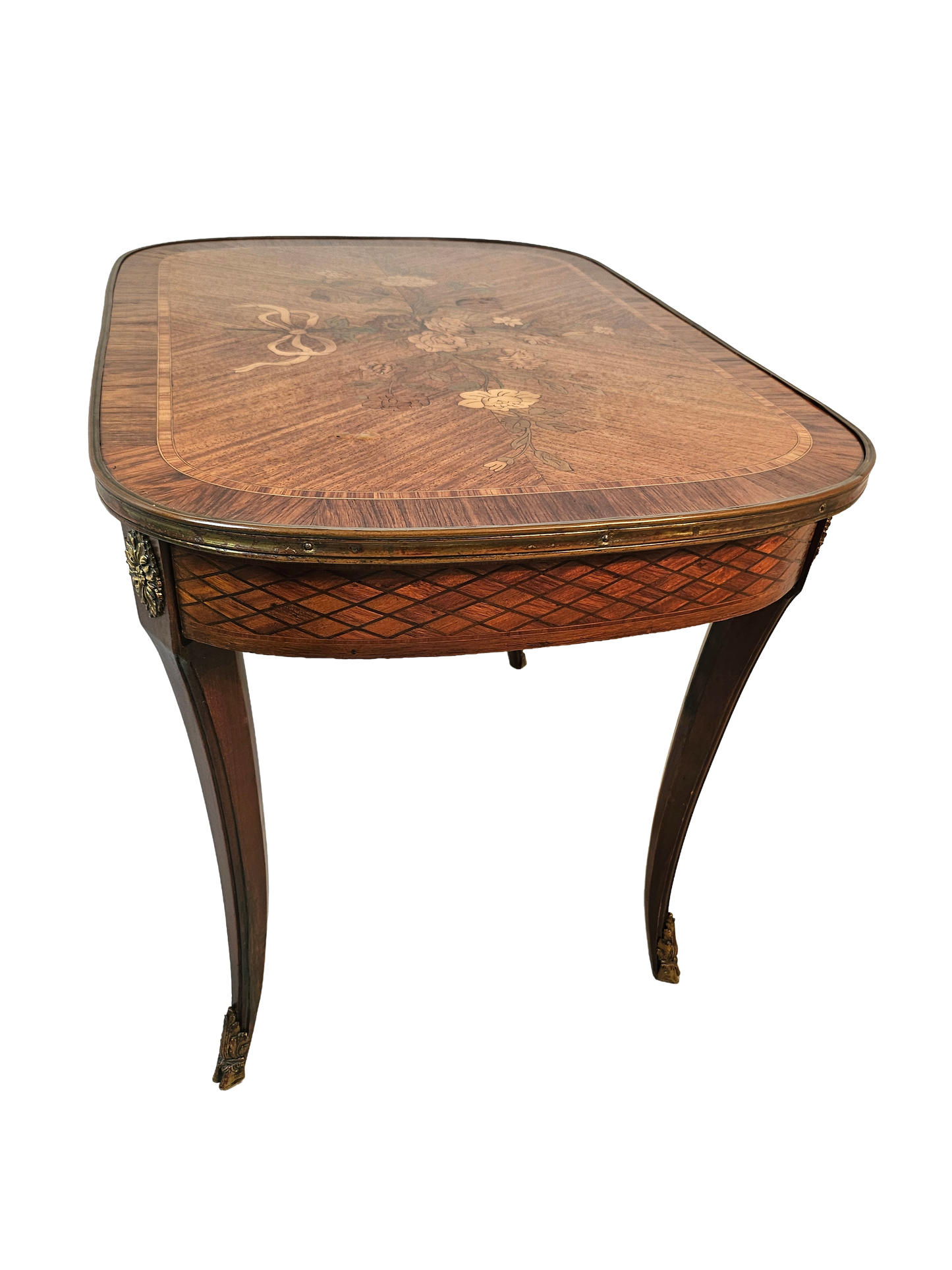French Louis XV Style Marquetry Side Table With Bronze Accents, Circa 1900
