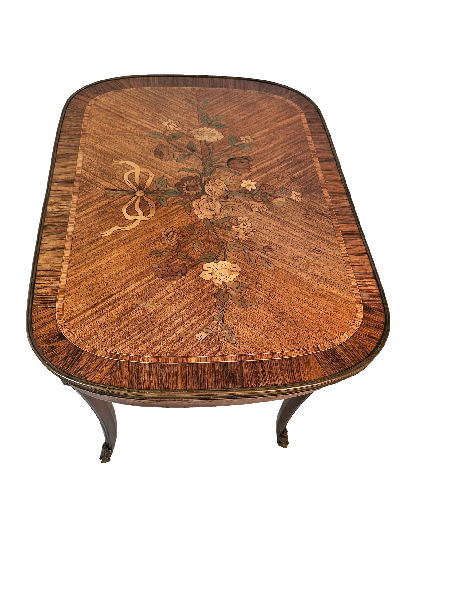 French Louis XV Style Marquetry Side Table With Bronze Accents, Circa 1900