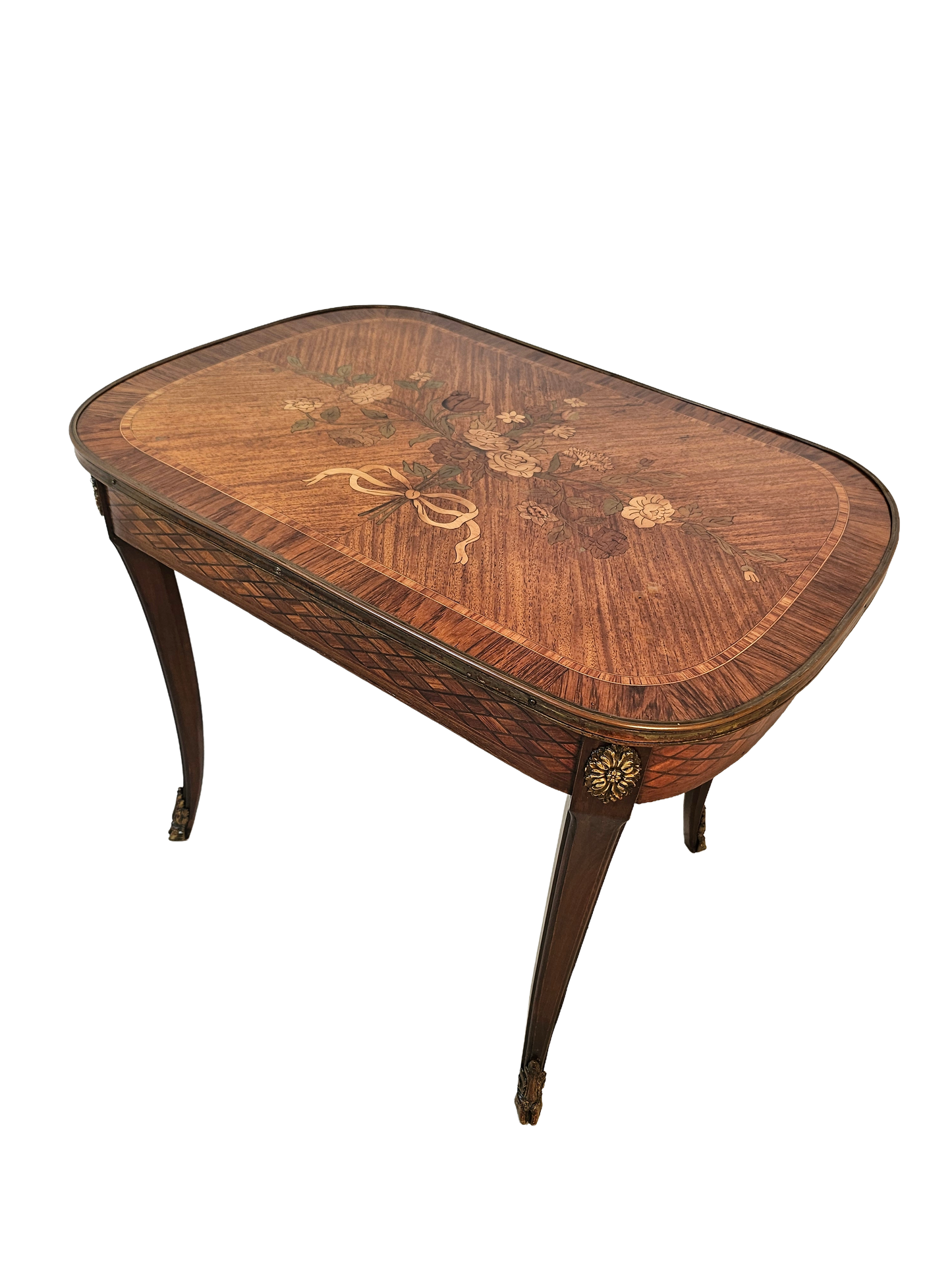 French Louis XV Style Marquetry Side Table With Bronze Accents, Circa 1900