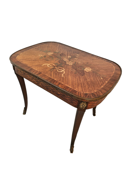 French Louis XV Style Marquetry Side Table With Bronze Accents, Circa 1900