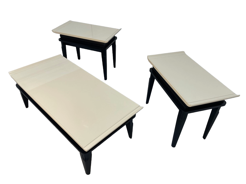 1970s Retro Asian-Style Coffee Table & End Tables Set – Black & Cream Lacquer