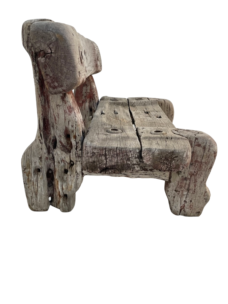 Vintage Solid Teak Driftwood Outdoor Bench – Rustic 1940s Style