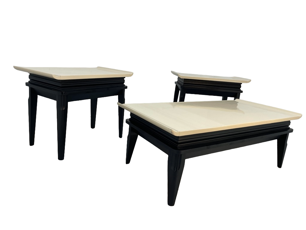 1970s Retro Asian-Style Coffee Table & End Tables Set – Black & Cream Lacquer