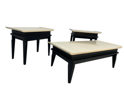 1970s Retro Asian-Style Coffee Table & End Tables Set – Black & Cream Lacquer