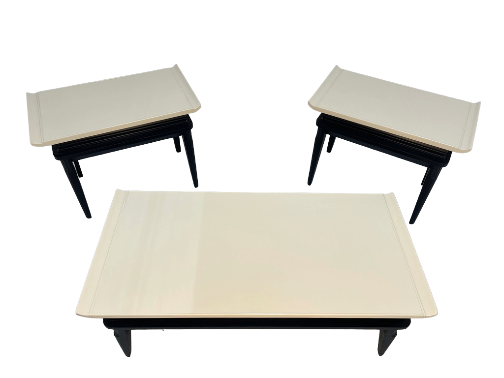 1970s Retro Asian-Style Coffee Table & End Tables Set – Black & Cream Lacquer
