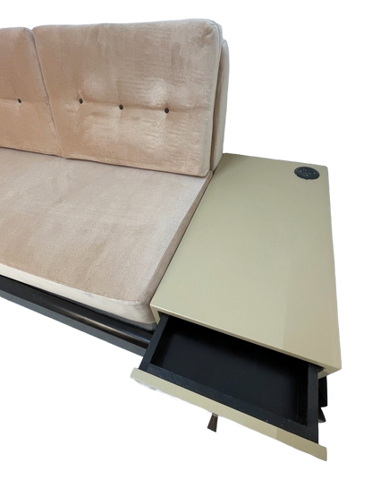 Custom Mid-Century Style Sofa Bed with Built-In End Tables & Outlets – 1990s