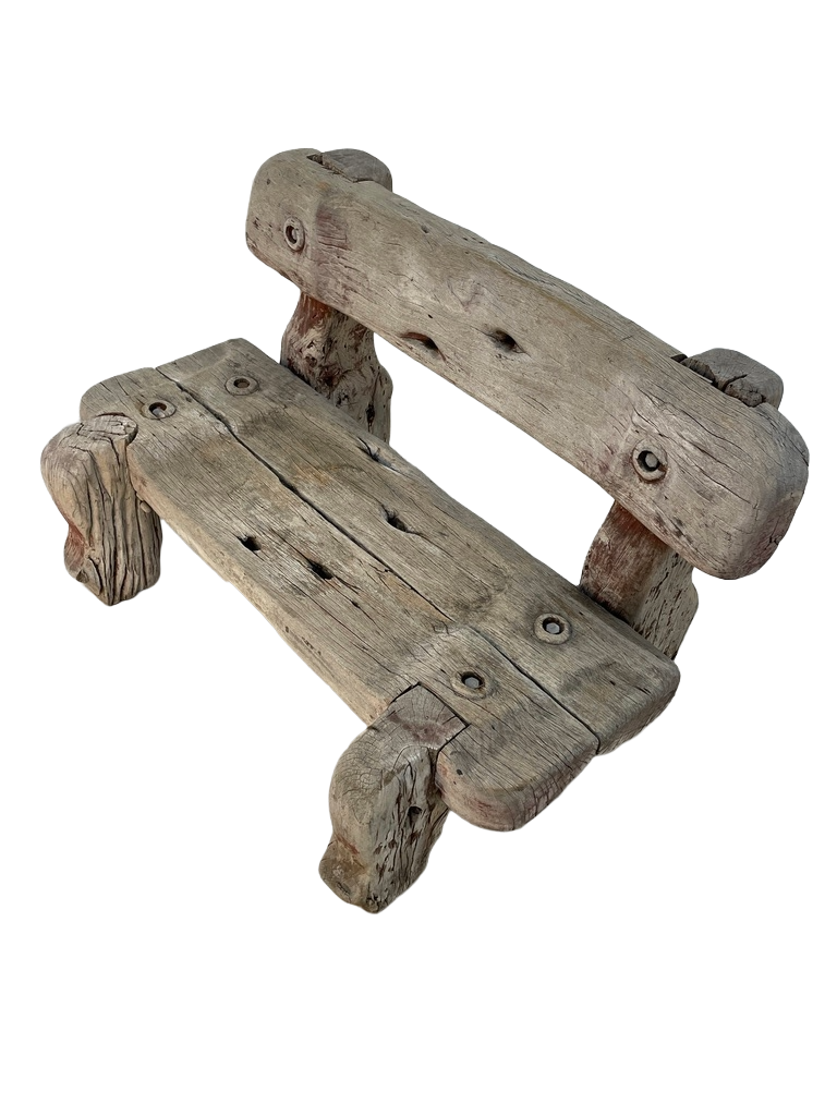 Vintage Solid Teak Driftwood Outdoor Bench – Rustic 1940s Style