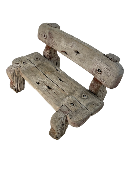 Vintage Solid Teak Driftwood Outdoor Bench – Rustic 1940s Style