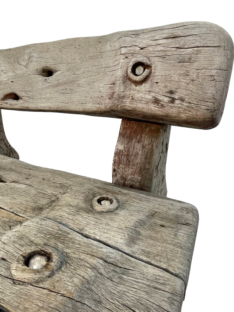 Vintage Solid Teak Driftwood Outdoor Bench – Rustic 1940s Style