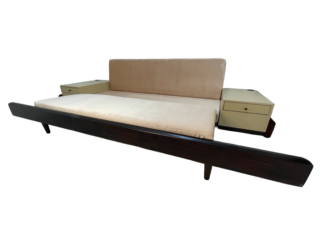 Custom Mid-Century Style Sofa Bed with Built-In End Tables & Outlets – 1990s