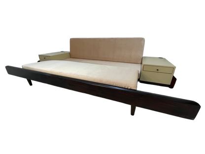 Custom Mid-Century Style Sofa Bed with Built-In End Tables & Outlets – 1990s