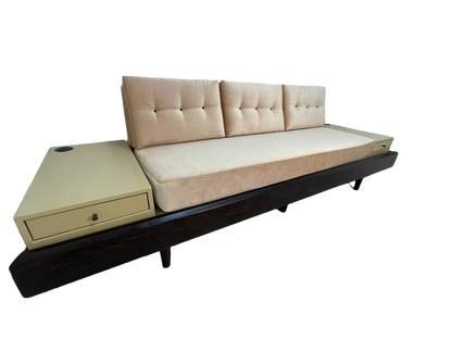 Custom Mid-Century Style Sofa Bed with Built-In End Tables & Outlets – 1990s