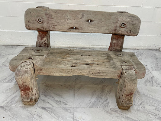 Vintage Solid Teak Driftwood Outdoor Bench – Rustic 1940s Style