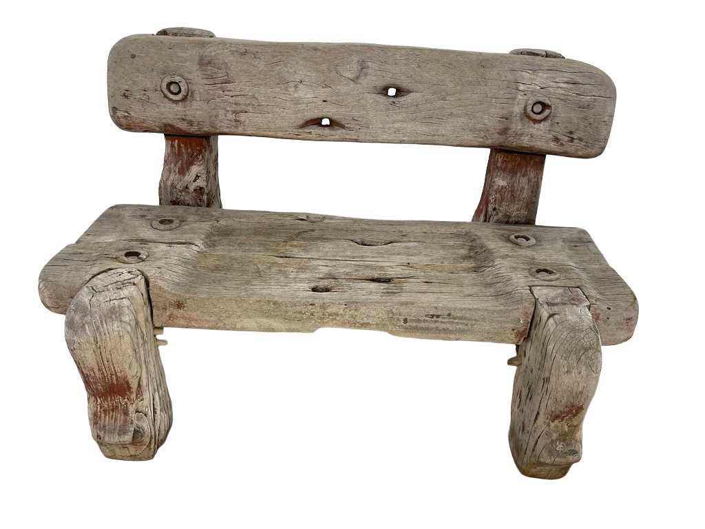 Vintage Solid Teak Driftwood Outdoor Bench – Rustic 1940s Style