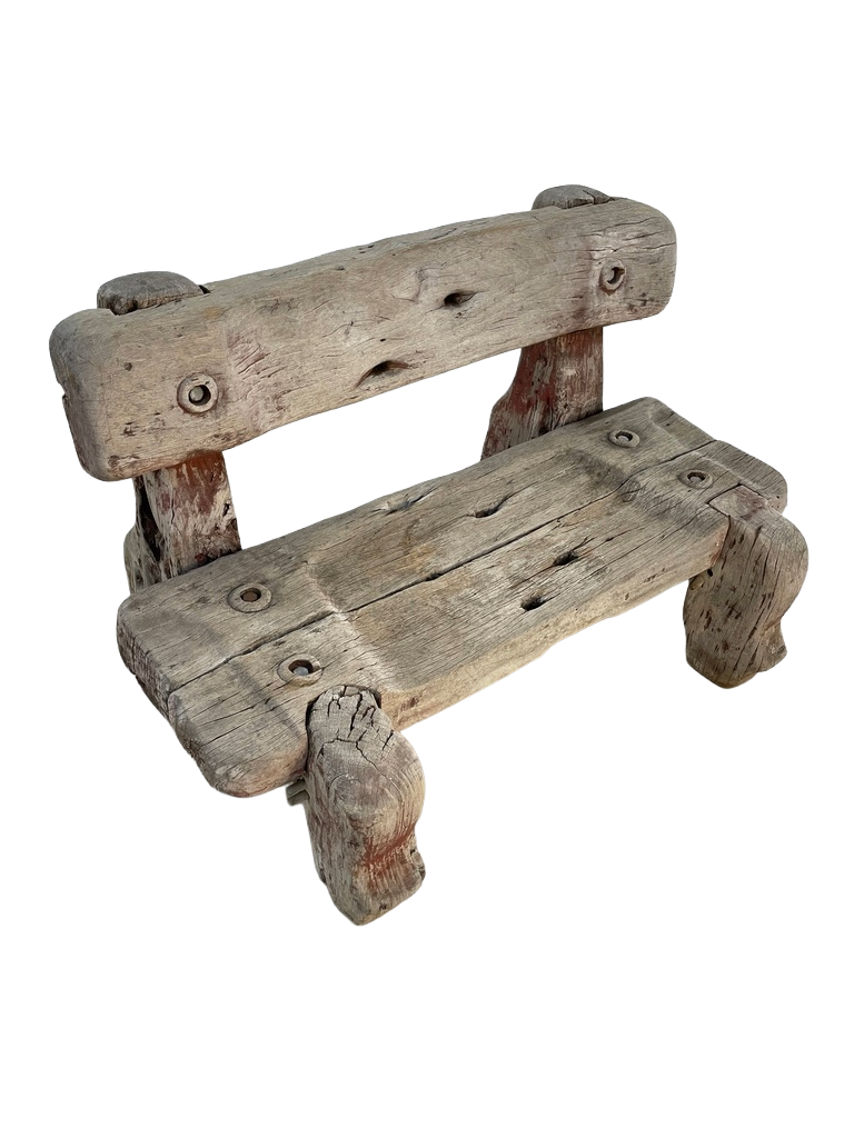 Vintage Solid Teak Driftwood Outdoor Bench – Rustic 1940s Style