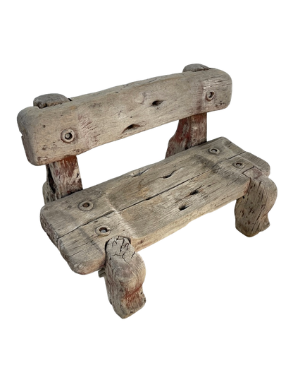 Vintage Solid Teak Driftwood Outdoor Bench – Rustic 1940s Style