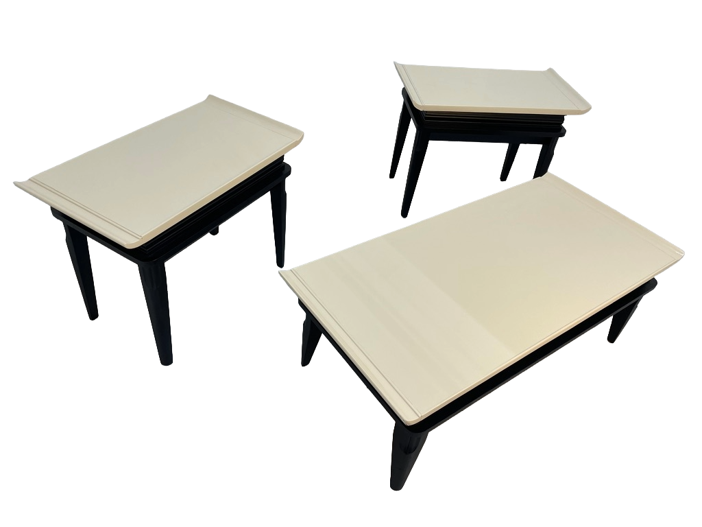 1970s Retro Asian-Style Coffee Table & End Tables Set – Black & Cream Lacquer