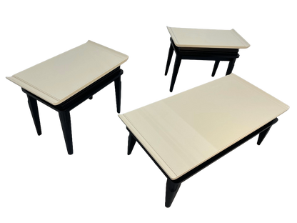 1970s Retro Asian-Style Coffee Table & End Tables Set – Black & Cream Lacquer