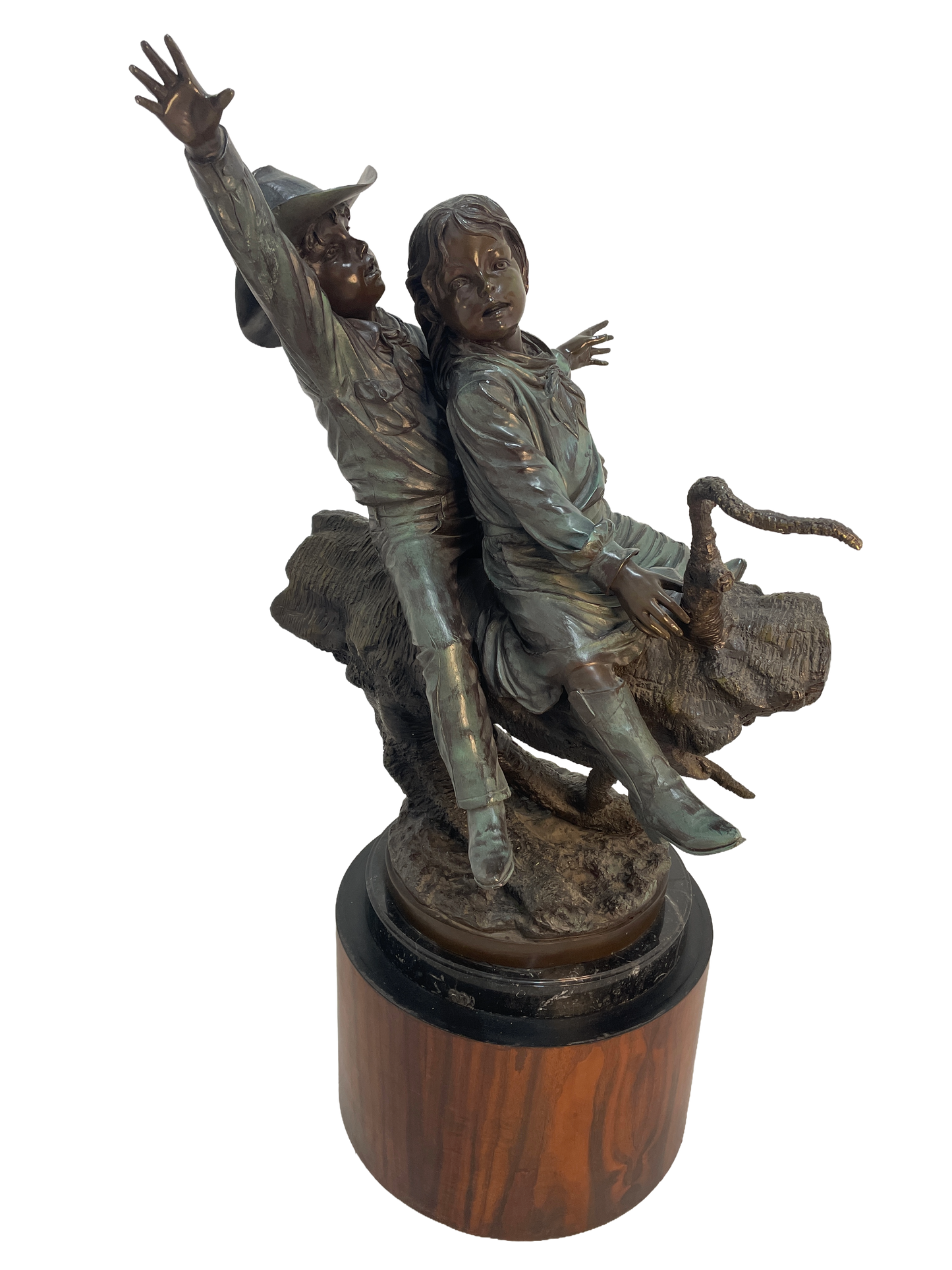 Monumental Signed Bronze Figurative Sculpture of Children by J. Davidson on Marble & Rosewood Pedestal