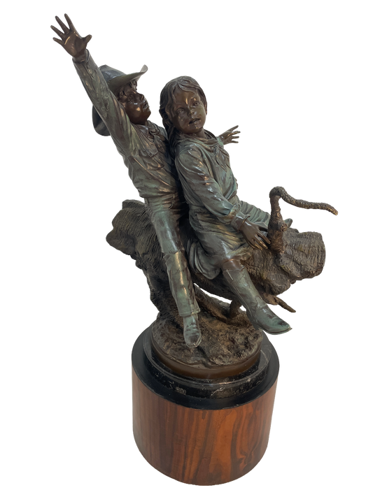 Monumental Signed Bronze Figurative Sculpture of Children by J. Davidson on Marble & Rosewood Pedestal
