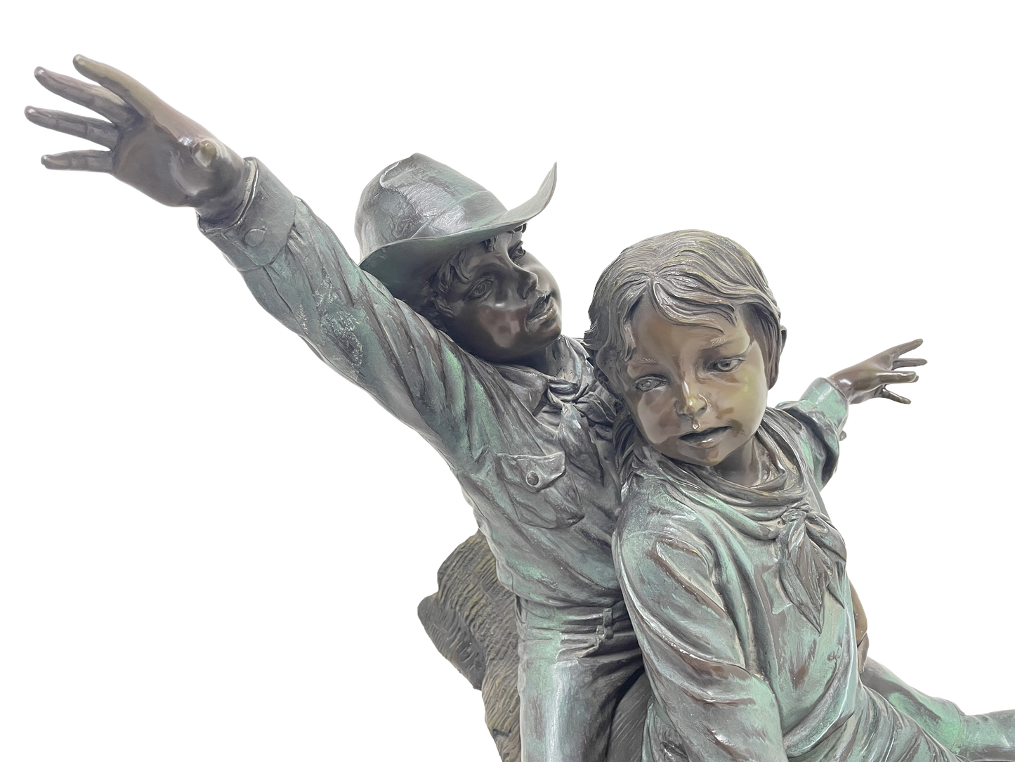 Monumental Signed Bronze Figurative Sculpture of Children by J. Davidson on Marble & Rosewood Pedestal