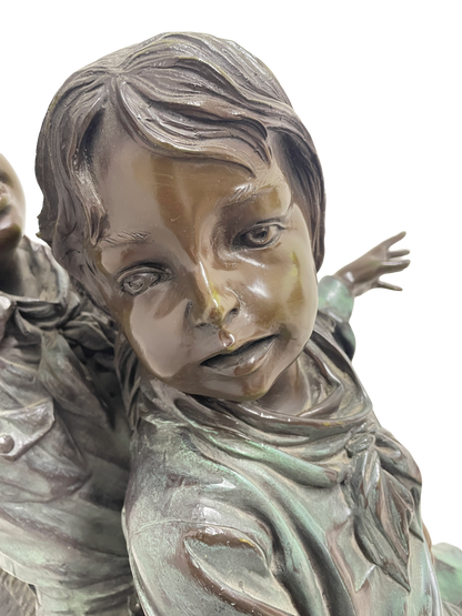 Monumental Signed Bronze Figurative Sculpture of Children by J. Davidson on Marble & Rosewood Pedestal