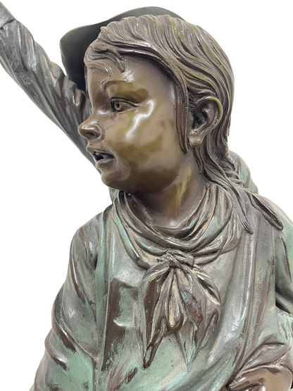 Monumental Signed Bronze Figurative Sculpture of Children by J. Davidson on Marble & Rosewood Pedestal