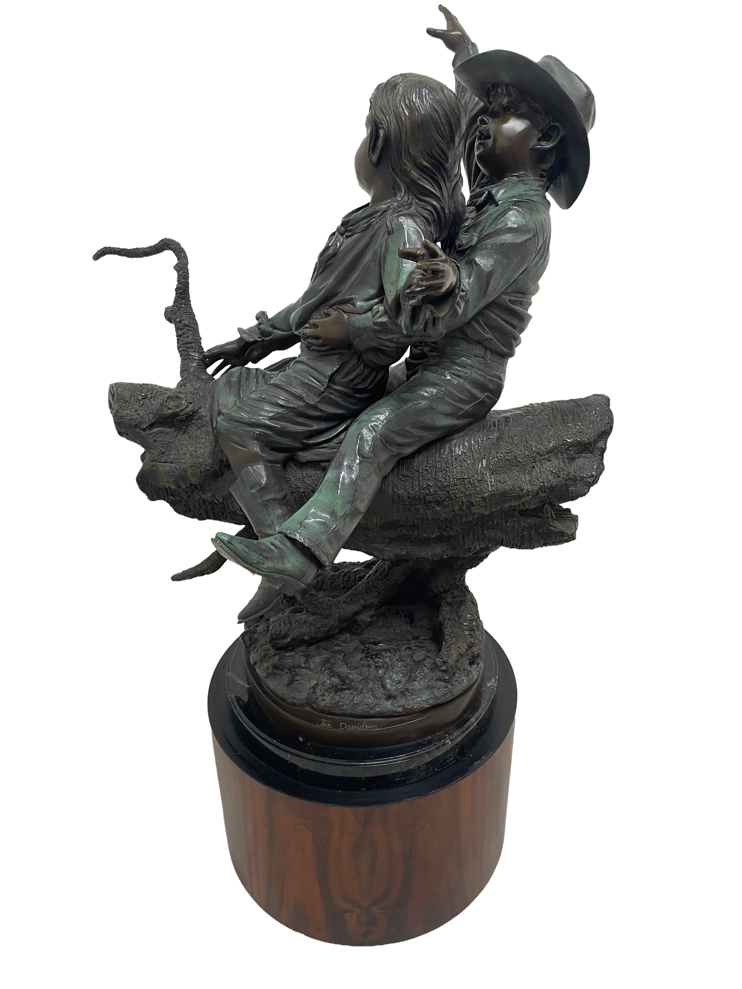 Monumental Signed Bronze Figurative Sculpture of Children by J. Davidson on Marble & Rosewood Pedestal