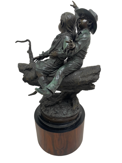 Monumental Signed Bronze Figurative Sculpture of Children by J. Davidson on Marble & Rosewood Pedestal