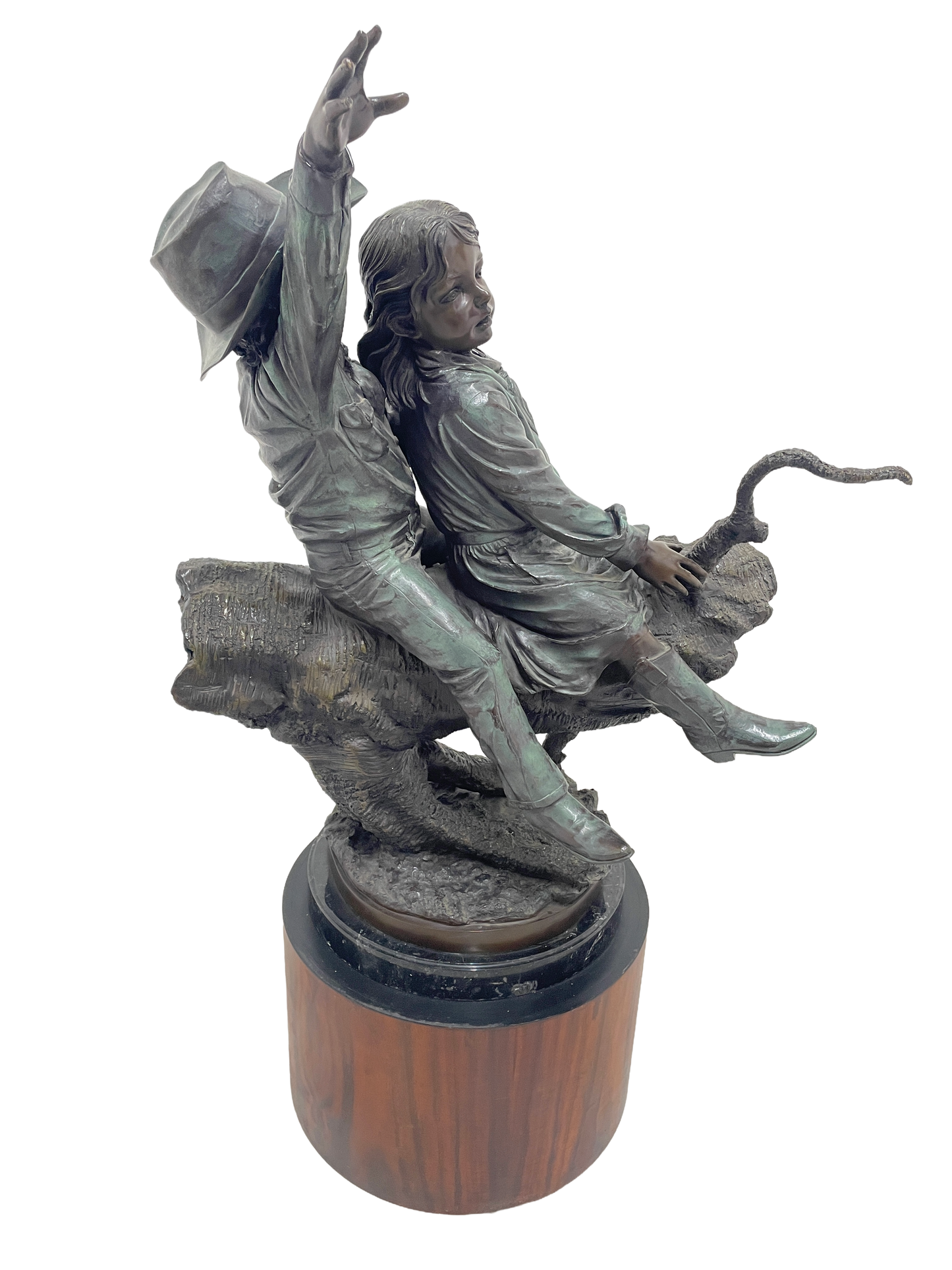 Monumental Signed Bronze Figurative Sculpture of Children by J. Davidson on Marble & Rosewood Pedestal