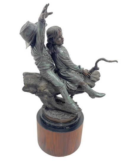 Monumental Signed Bronze Figurative Sculpture of Children by J. Davidson on Marble & Rosewood Pedestal
